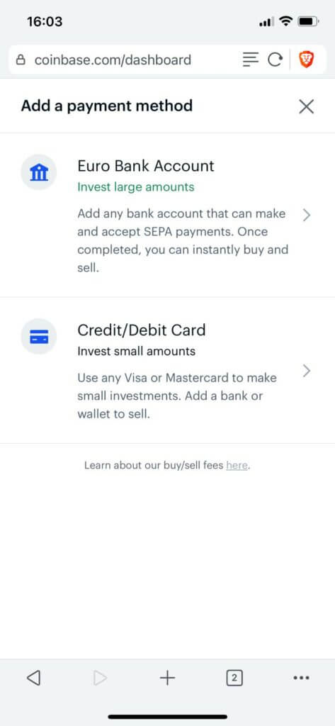 choose payment method at coinbase