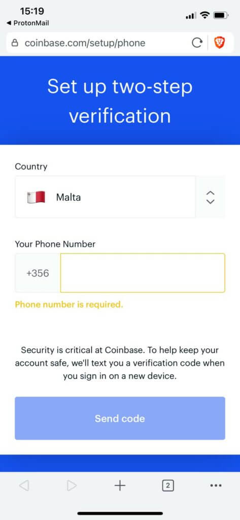 setup two factor authentication at coinbase