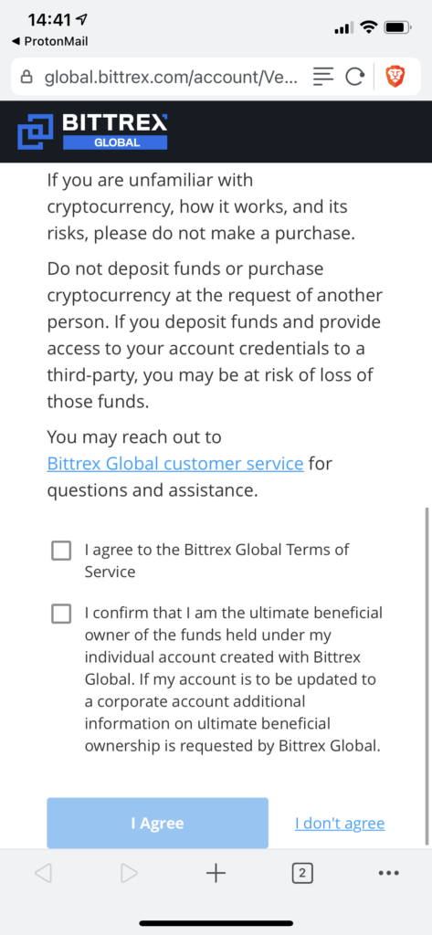 Accepting the terms at Bittrex