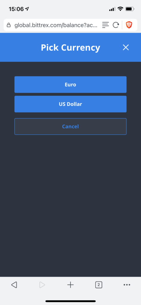 Pick a currency to deposit in Bittrex