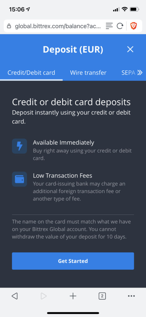 Select deposit method Bittrex