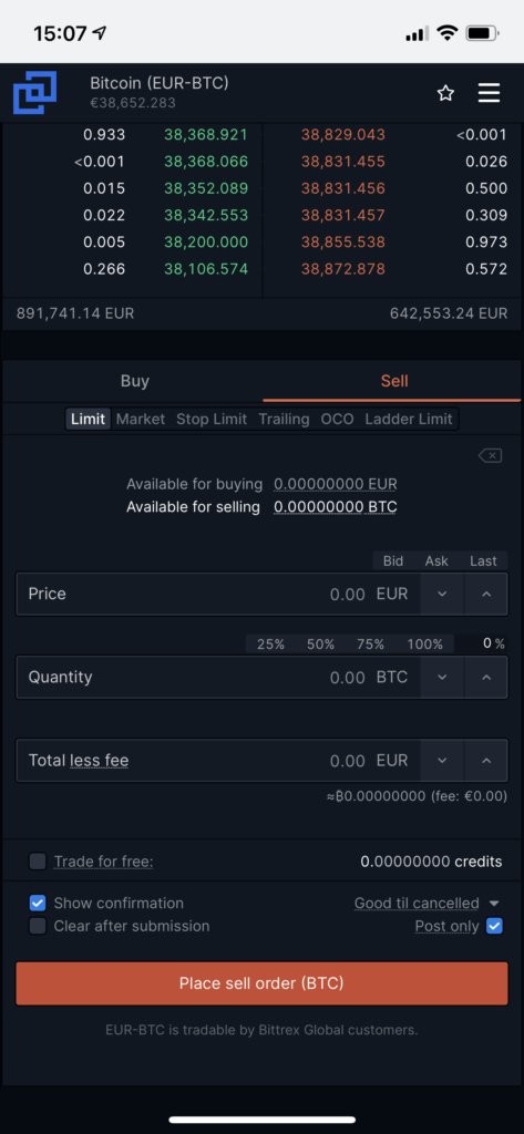 sell crypto at Bittrex